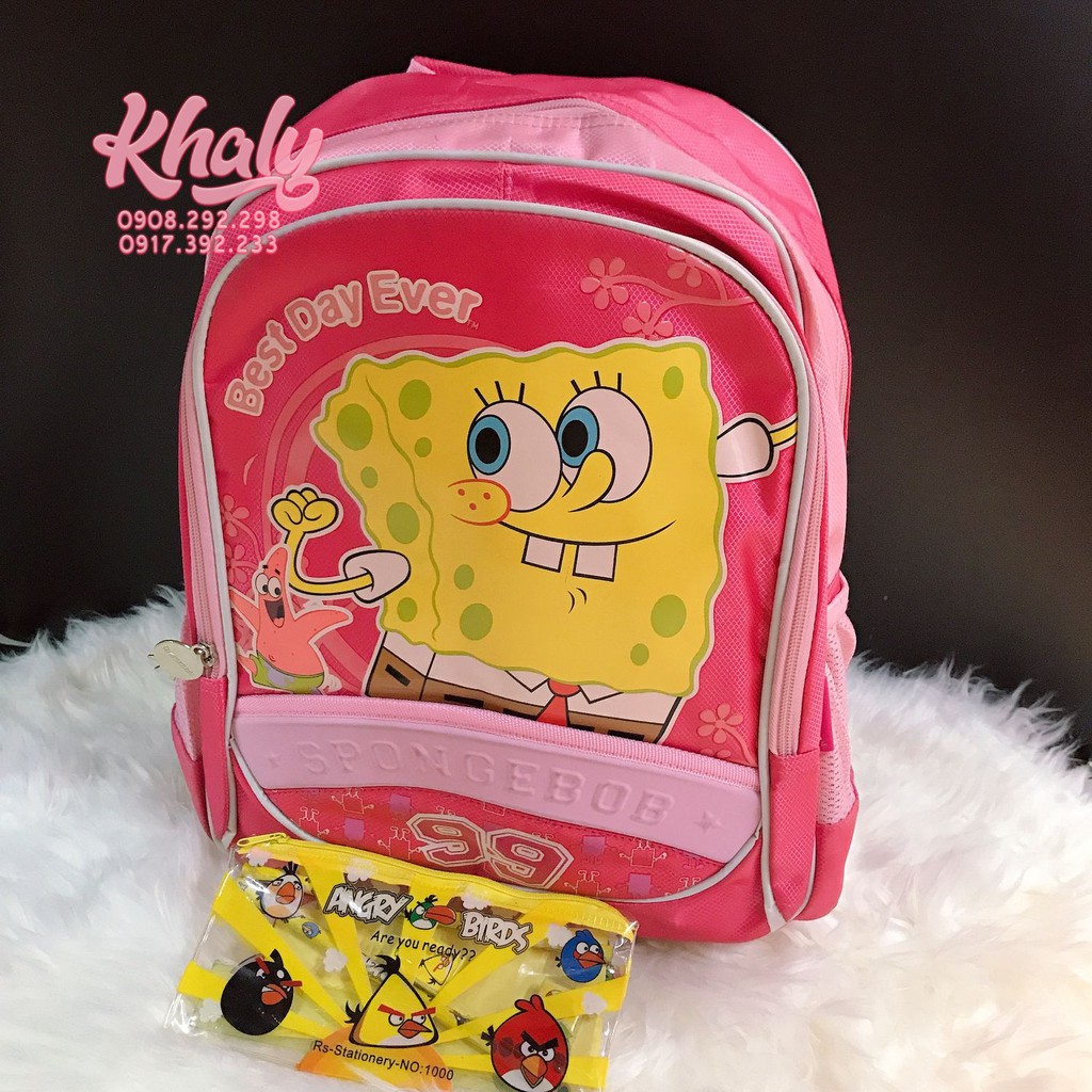 Balo, cặp táp 16" 2 ngăn hình bọt biển và sao biển Spongebob màu hồng tặng kèm bộ dụng cụ học tập dành cho bé gái
