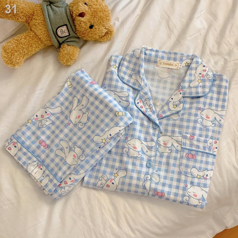 ◊✁□Bộ đồ ngủ hình con chó quế của phụ nữ cotton tinh khiết mùa xuân và thu năm 2021 mới tai to Sanrio dài tay lưới màu đ