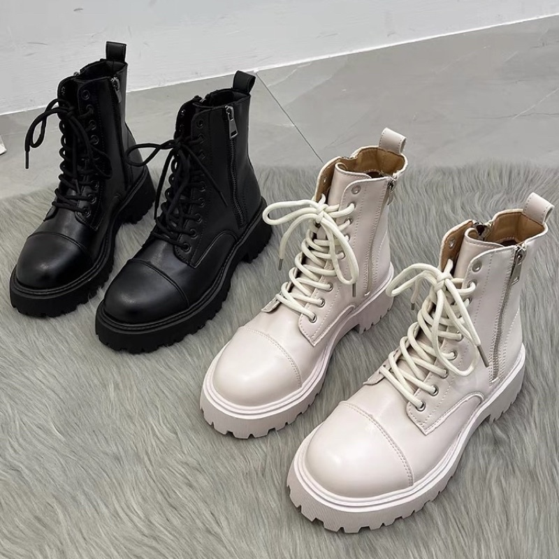 Boots Martin nữ cổ ngắn đan dây gót cao 5cm có khoá sườn