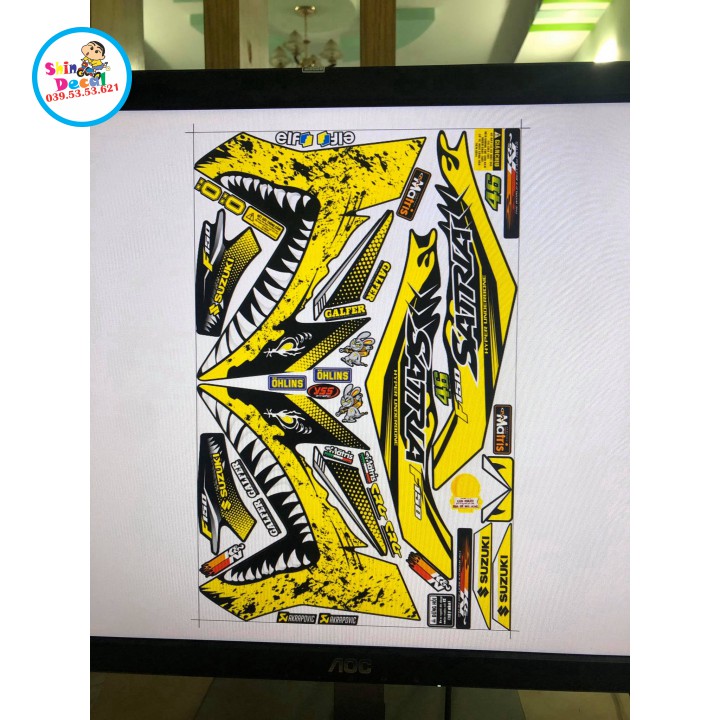 Tem xe satria fi cá mập dán xe đen