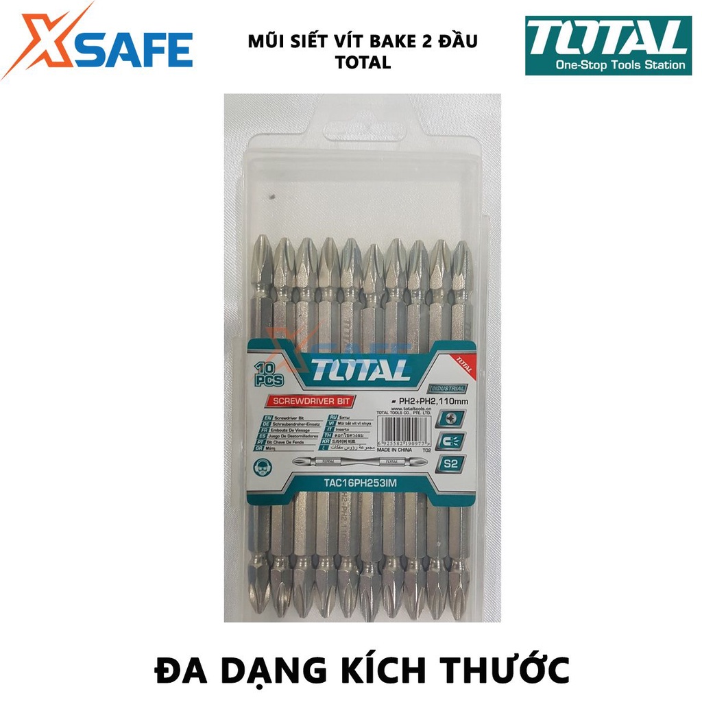 Mũi siết vít bake 2 đầu TOTAL | bộ 10 mũi siết vít bake quy cách PH2+PH2 chiều dài 45mm - 150mm thép công nghiệp S2