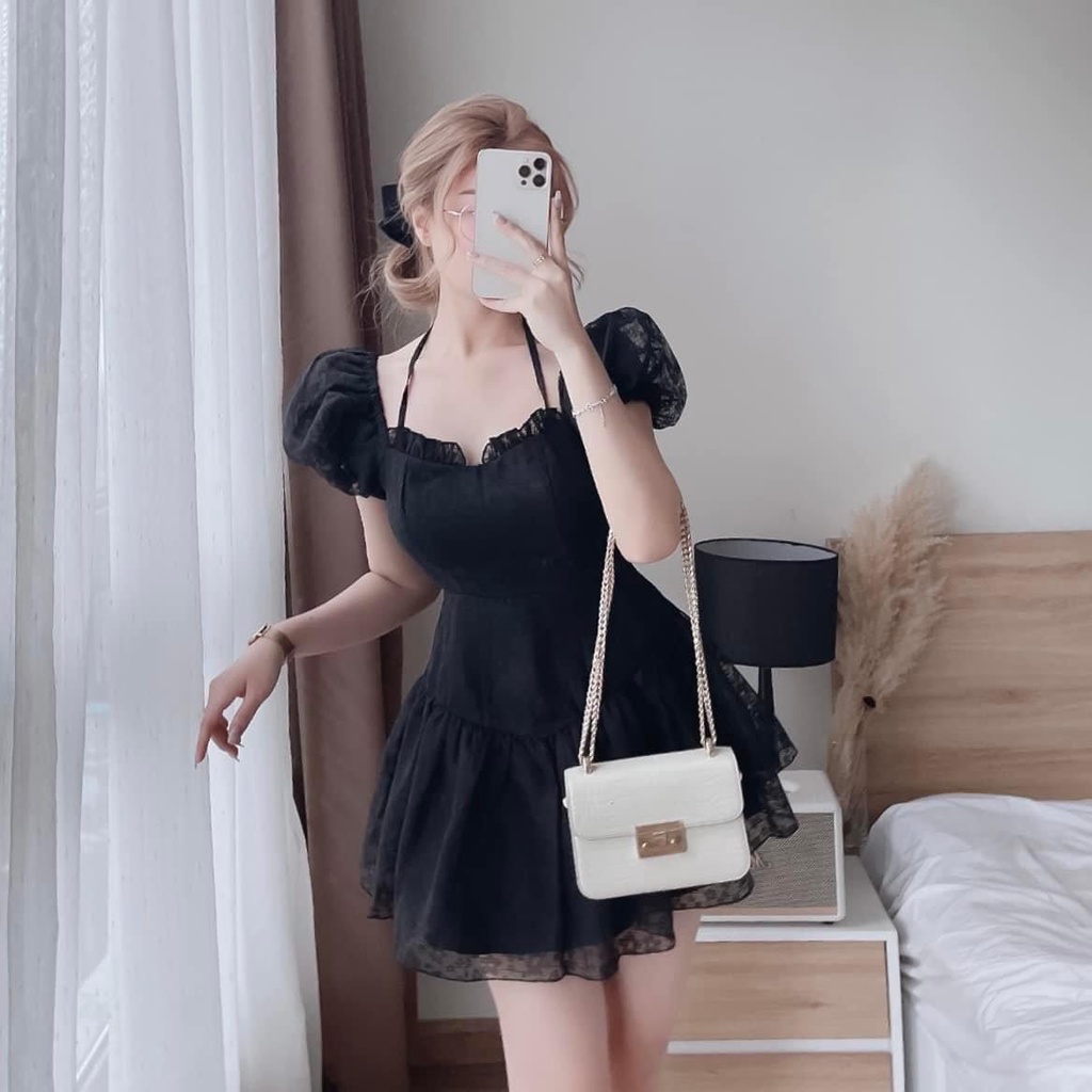 Đầm ren hoa cúc họa mi tay bồng váy nữ xòe dự tiệc DN326