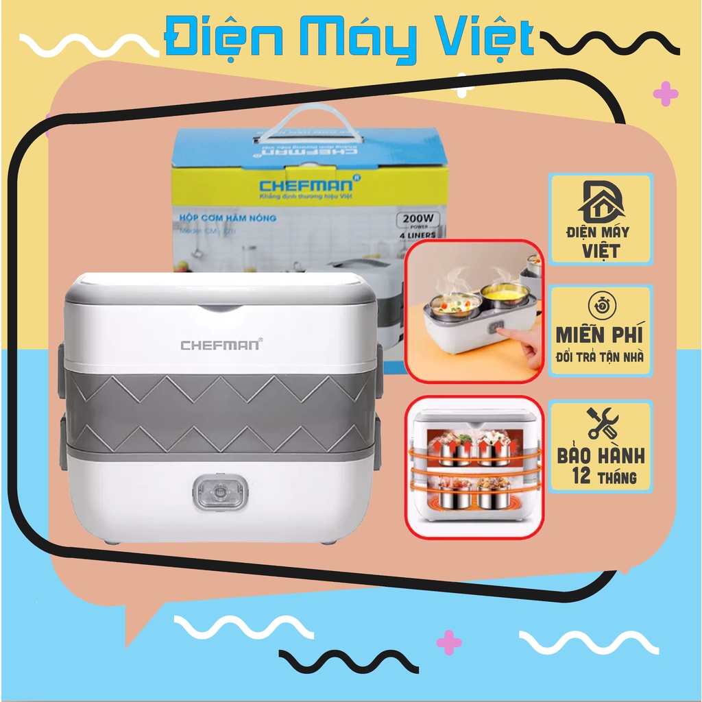 Hộp cơm cắm điện Chefman Chính Hãng Bảo Hành 12 Tháng, Hộp cơm hâm nóng 2 tầng 4 ngăn inox tự nấu chín thức ăn