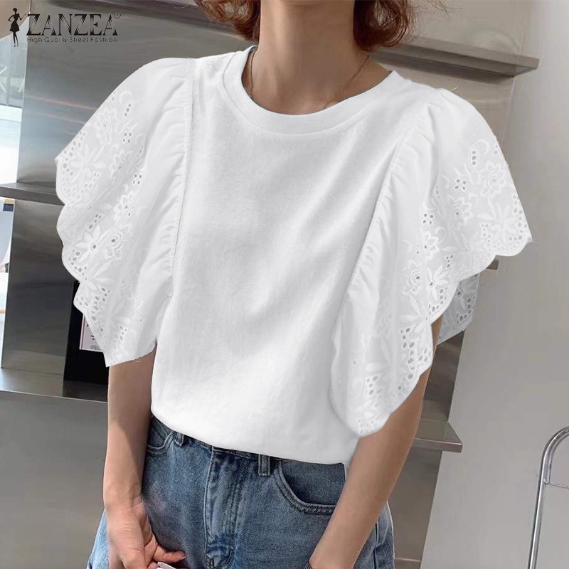 ZANZEA Áo Thun Tay Ngắn Cổ Tròn Phối Ren Thời Trang Cho Nữ