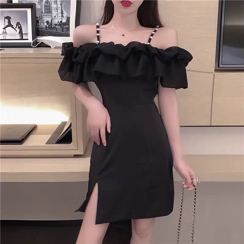 (ORDER) Váy trễ vai 2 dây đính ngọc đẹp 2 màu đen và trắng-Quảng châu