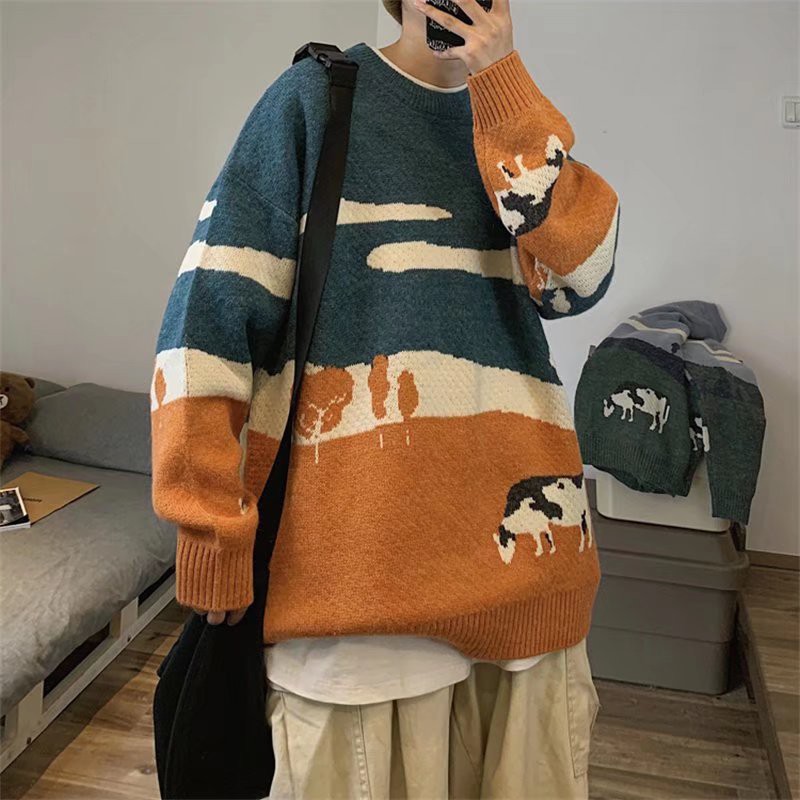 Áo sweater cổ tròn dáng rộng màu sắc tương phản phong cách Harajuku size M-2XL