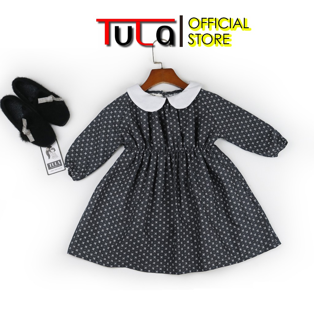 Váy Đầm Bé Gái Chun Eo Phối Cổ Trắng Màu Đen Họa Tiết Nhí Cực Xinh Vải Thô Hàn Quốc