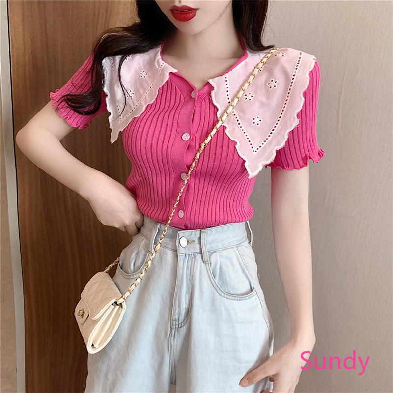 Women's Summer Doll Collar Stitching New Style Slim-fit Knitted Top