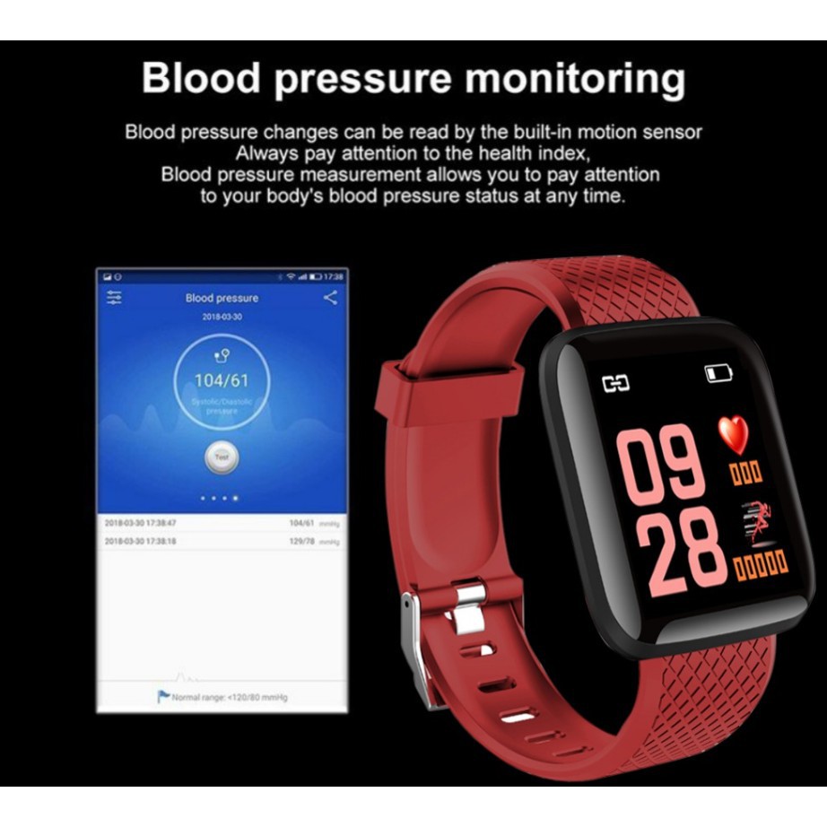Đồng hồ thông minh 116 Plus Bluetooth màn hình màu chống nước hỗ trợ theo dõi huyết áp