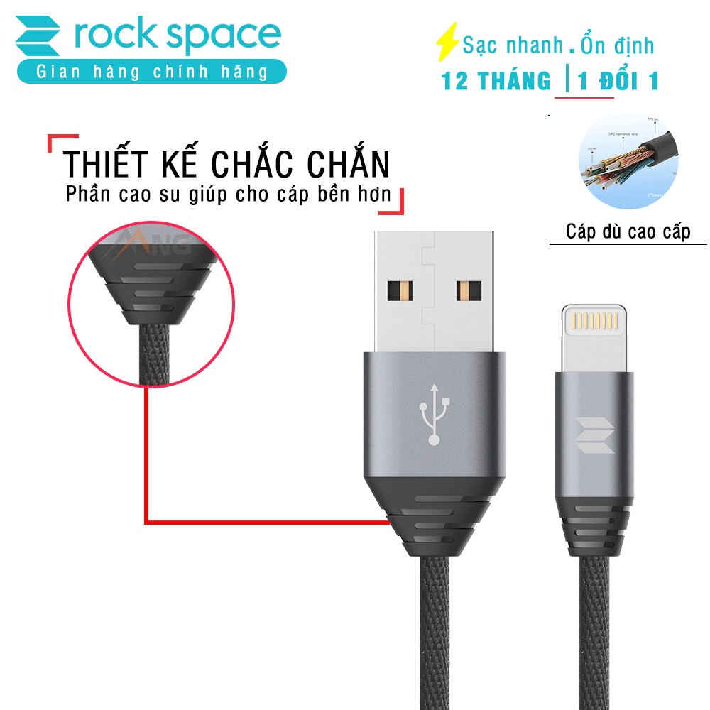 Dây sạc nhanh iPhone chính hãng Rockspace M5 dây dù 1 mét ổn định không nóng máy bảo hành 1 năm 1 đổi 1 mới