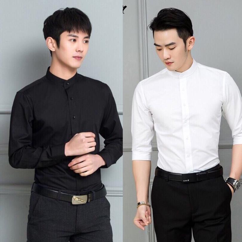 Áo sơ mi nam cotton lụa trơn mát cổ trụ màu đen lịch lãm *