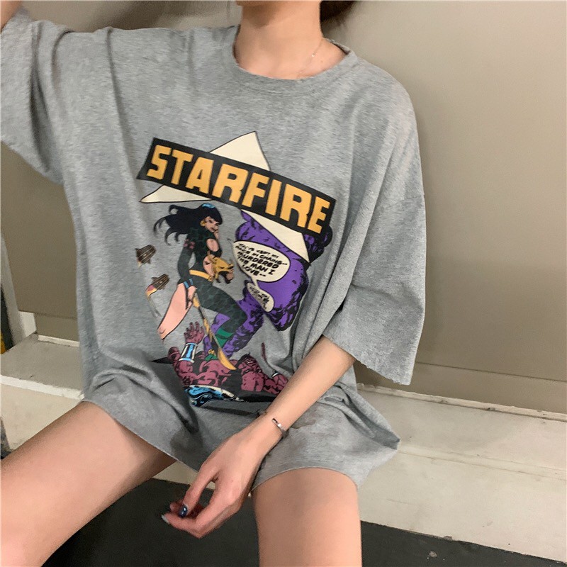 SUXI Áo tay ngắn cổ tròn form rộng phong cách Hàn Quốc năng động trẻ trung cho nữ