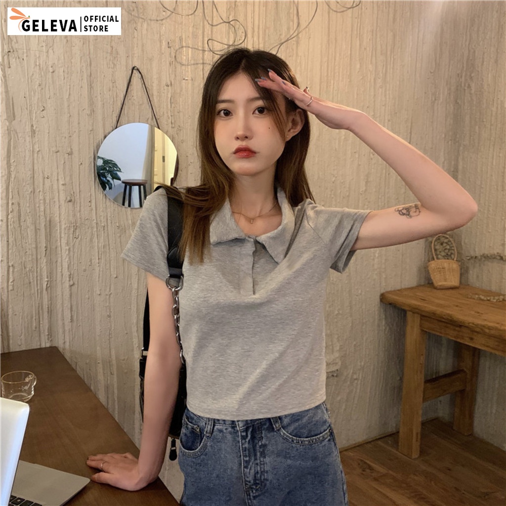 Áo polo croptop nữ tay ngắn có cổ vải cotton co dãn màu ghi Geleva GE918