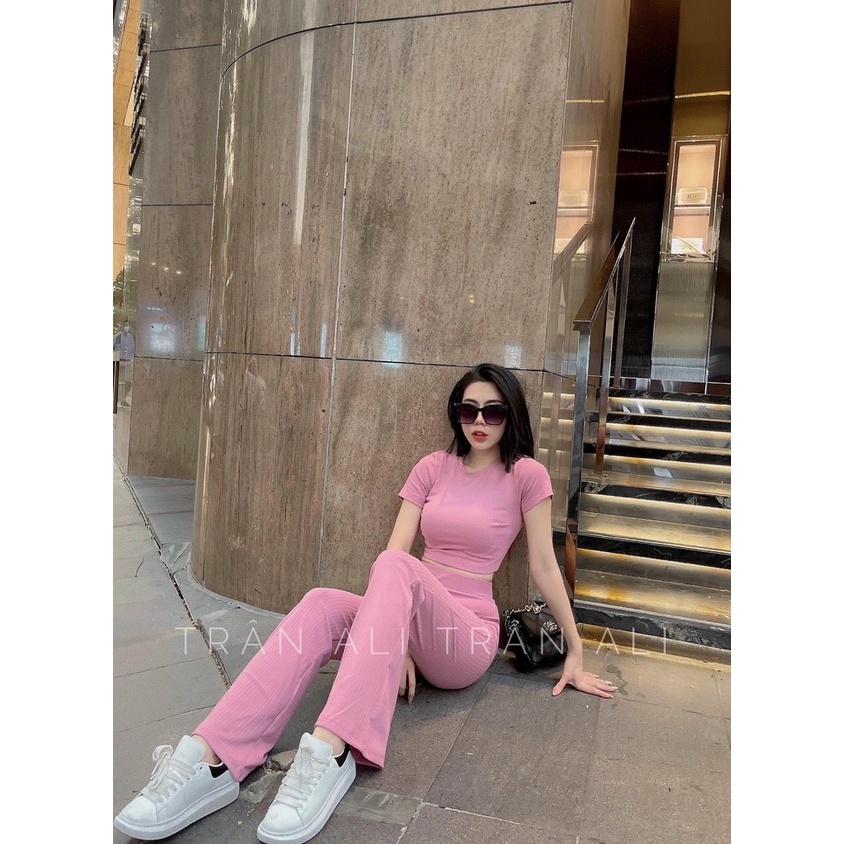 Sét bộ nữ áo kiểu croptop phối quần ống loe năng động cá tính