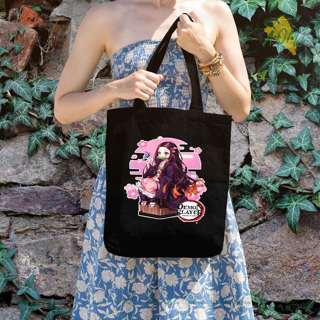 TOTE CANVAS Demon Slayer Kimetsu No Yaiba TÚI VẢI ĐEO VAI BAG CÓ KHÓA KÉO SIZE LỚN 33x38cm AOMIVN DU LỊCH DẠO PHỐ