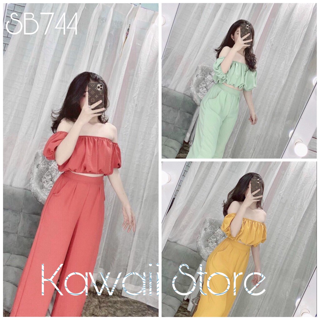 Set đồ nữ quần dài áo bẹt vai tay lỡ kate lụa - SB744