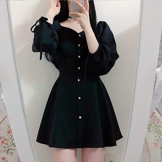 Đầm đen nút tròn tay dài (kèm hình thật)