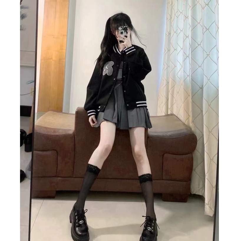 Áo khoác nữ bóng chày màu trơn thêu họa tiết vintage cho nam và khuôn viên phong cách Hàn Quốc Jacket Unisex khoác nỉ	bomber jackets