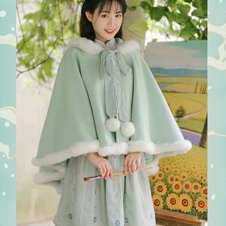 Áo choàng Hán Phục cách tân mới có mũ trùm đầu màu trơn cho mùa đông