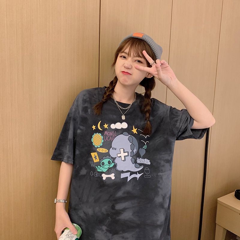 Áo thun PEWARN tay ngắn dáng rộng in họa tiết hoạt hình màu nhuộm phong cách Hàn Quốc thời trang mùa hè cho nữ