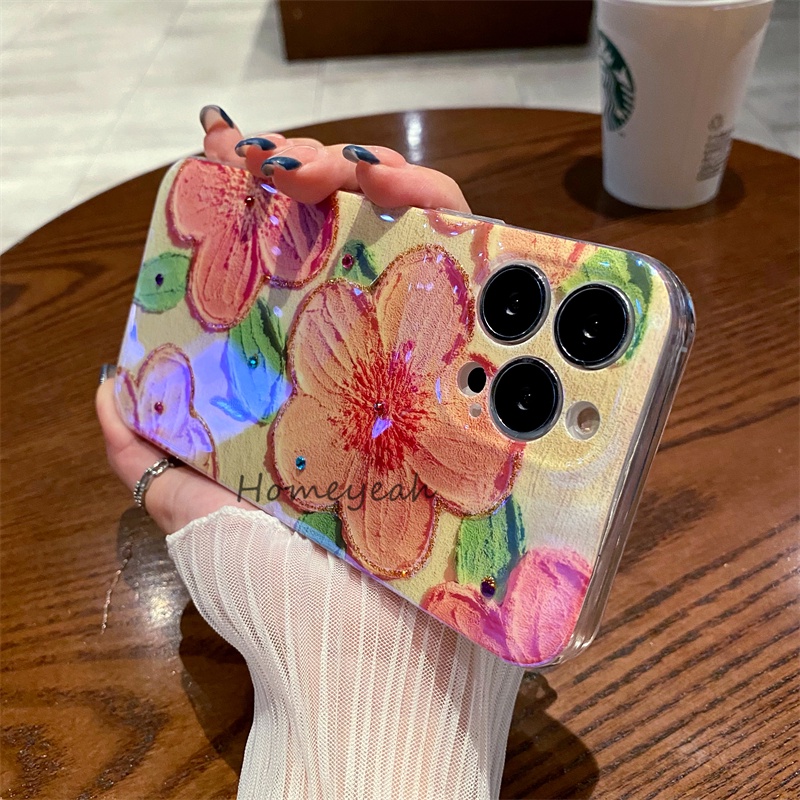 Ốp Điện Thoại Mềm Bo Viền Họa Tiết Tranh Sơn Dầu Đính Đá Blu-ray Cho iPhone 11 12 13 Pro Max X XR Xs Max