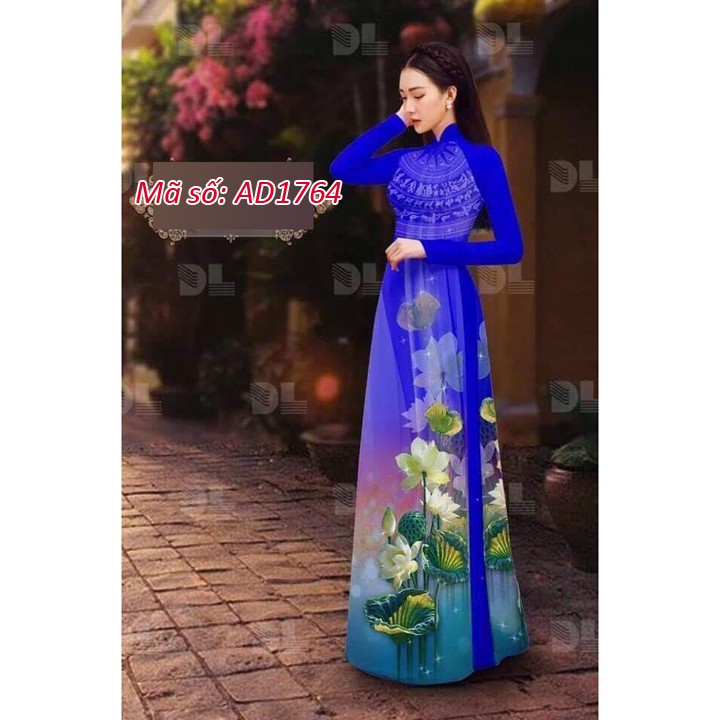 ⚡️ có big size 5XL ⚡️ AD1764 SET ÁO DÀI TRUYỀN THỐNG LỤA IN 3D HOA SEN TRẮNG KÈM QUẦN