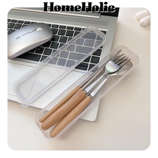 Bộ Muỗng Nĩa/ Dĩa Inox Cao Cấp Cán Gỗ Thép Không Gỉ Kèm Hộp Đựng Home Holic