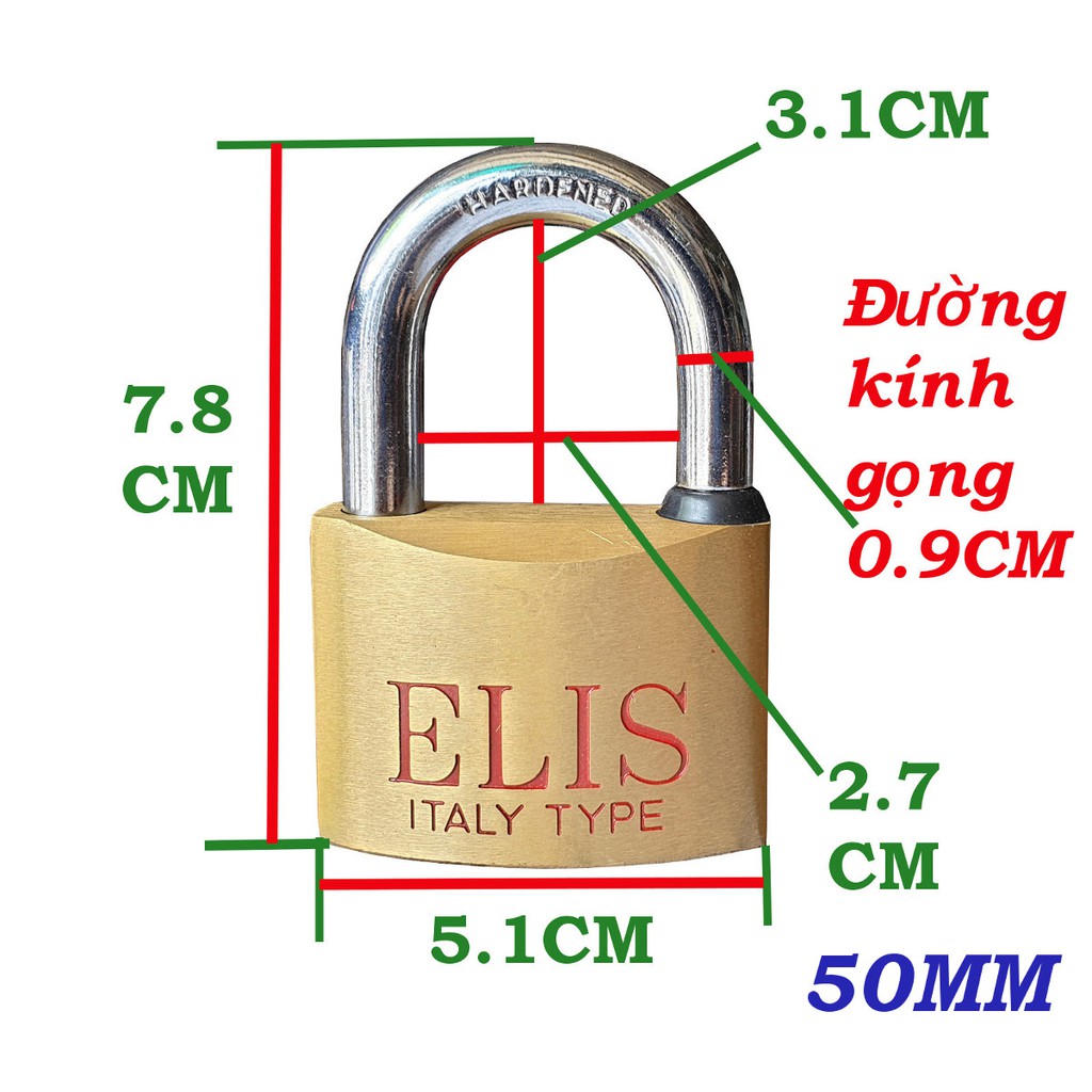 Ổ khóa cửa chất lượng cao ELIS CỠ LỚN 50MM gồm 4 chìa chất liệu thép không gỉ ( Vàng đồng)