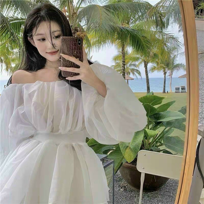 Set đồ nữ sang chảnh, set voan dài tay có lót chân váy xòe nhún eo mặc tôn dáng tone trắng tinh khôi Tây Thi Shop | BigBuy360 - bigbuy360.vn