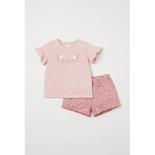 Set bộ cotton quần nơ bé gái HM