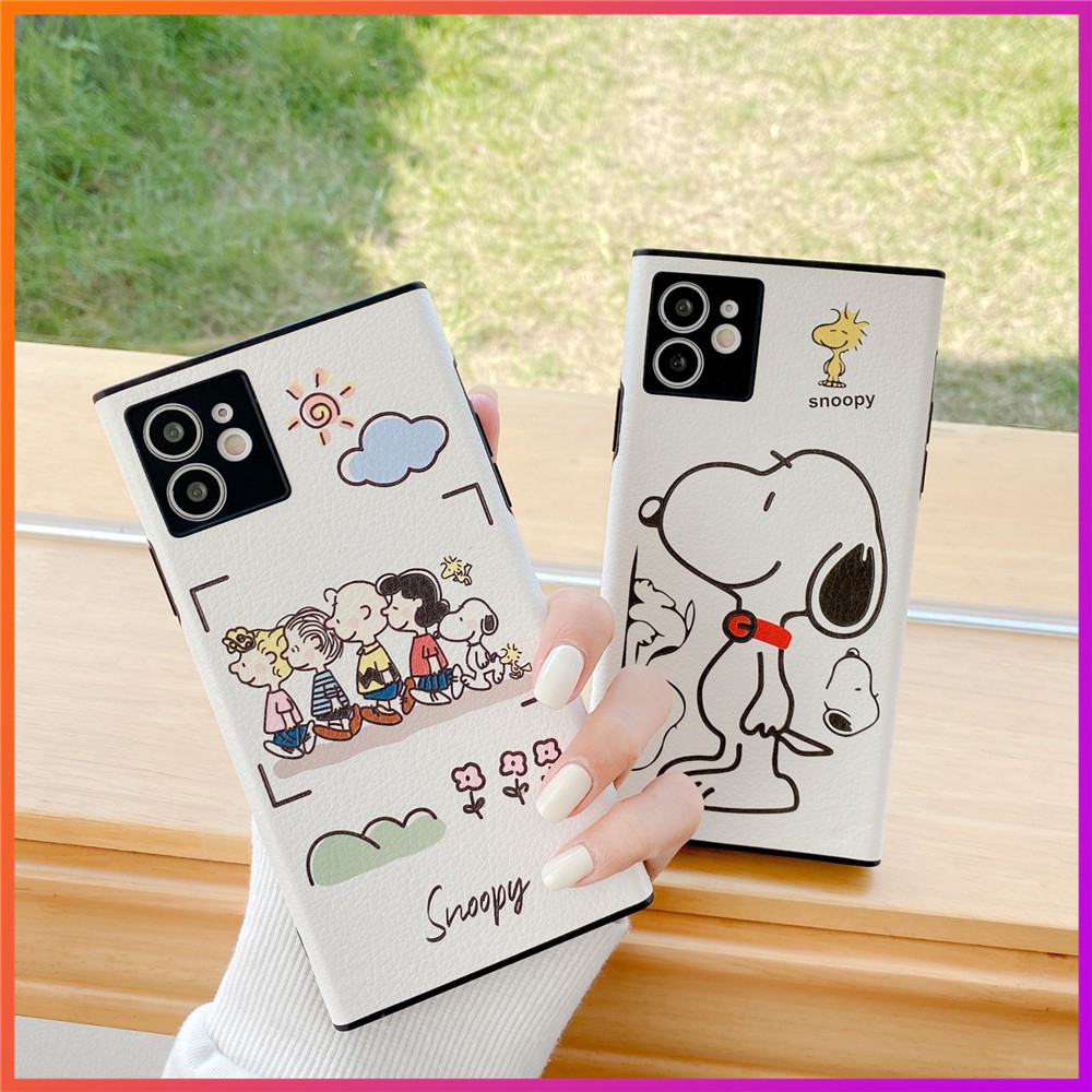 Ốp Điện Thoại Da Vuông Họa Tiết Hoạt Hình Snoopy Dễ Thương Cho Iphone12Mini 11pro Max I7 I8Plus Se2 Xs