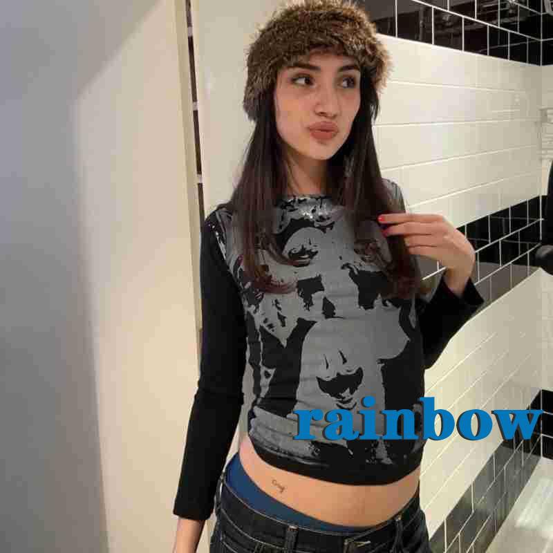 Áo Thun Tay Dài Dáng Ôm In Họa Tiết Cầu Vồng 6 Màu Thời Trang Mùa Hè Cho Nữ