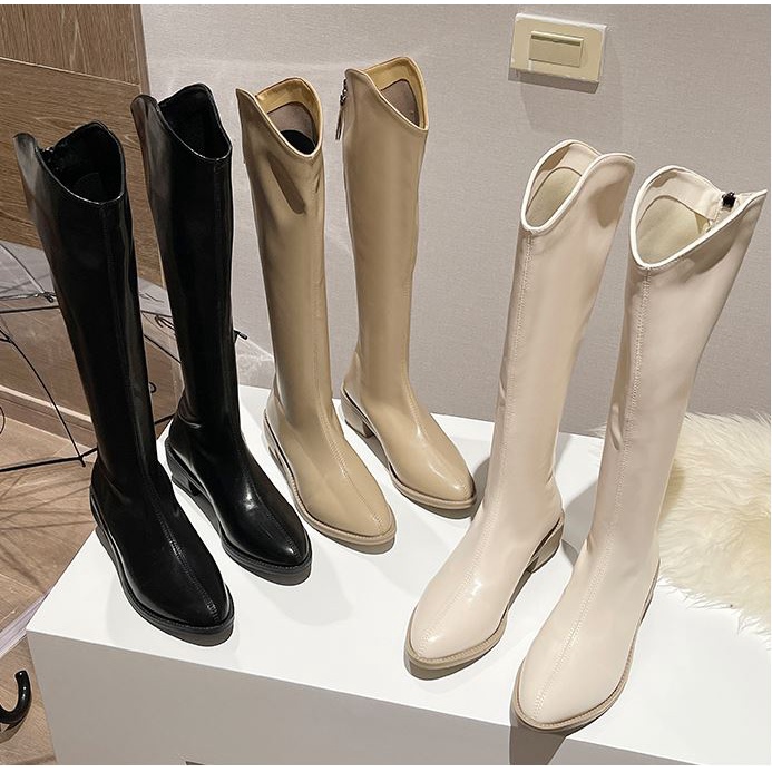 Bốt đùi cao cổ Da mềm bóng khóa sau cao cấp tặng kèm tất-Boots mũi nhọn đế vuông 4,5 cm thời trang mùa đông