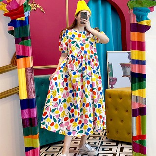 Đầm Xòe Tay Phồng In Họa Tiết Trái Cây Xinh Xắn Dành Cho Nữ