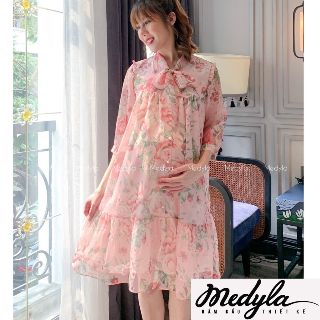 Váy bầu mùa hè họa tiết hoa lá 3D xinh xắn cho bầu tự tin đi chơi, du lịch - Đầm bầu dự tiệc thiết kế Medyla - VS609