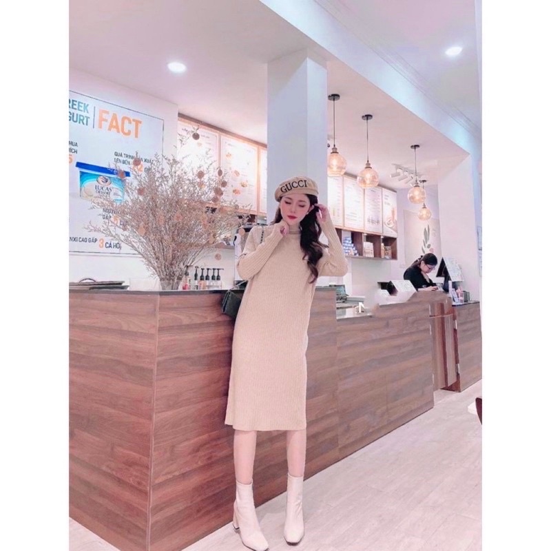 Váy đầm suông chất len gân dày dặn co giãn 2 màu đen,nude -ĐS01
