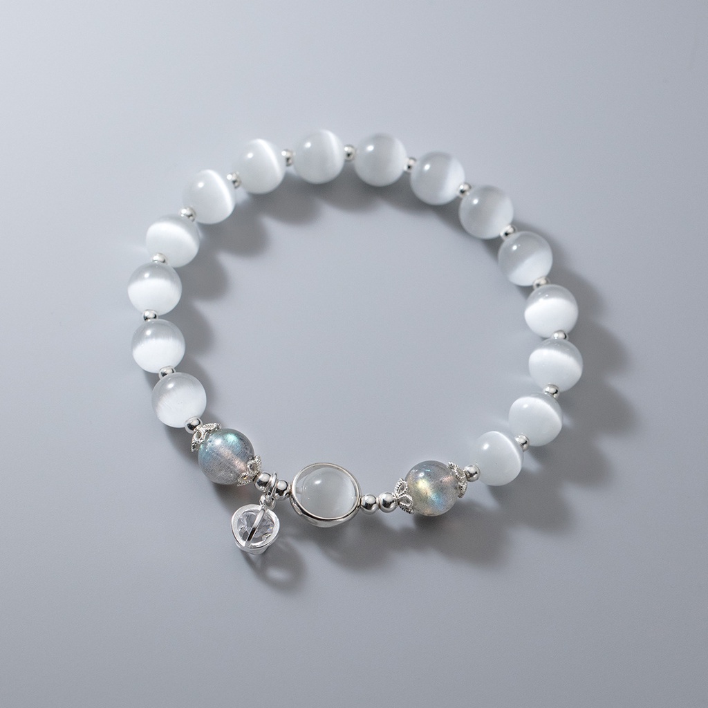 Vòng tay nữ lắc tay nữ bạc s925 đá moonstone mix đá mắt mèo trắng  Cá jewelry LTB167