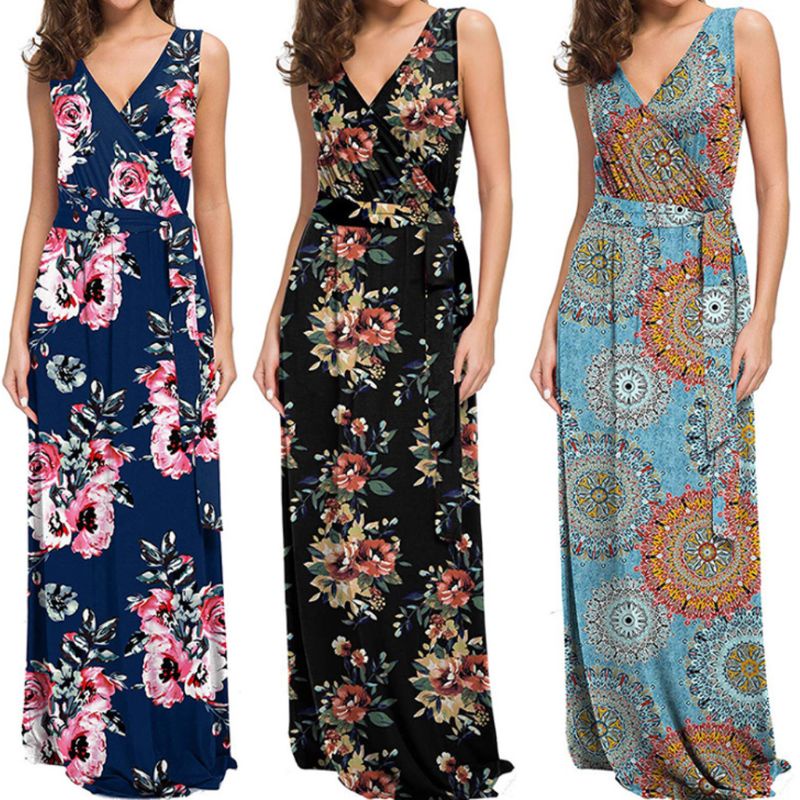 Đầm Maxi Dài Không Tay In Họa Tiết Hình Học Phong Cách Bohemian Thời Trang Mùa Hè Cho Nữ