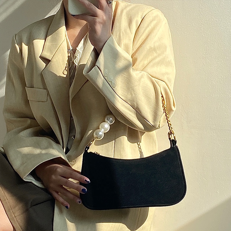 Túi Đeo Chéo Da Lộn Đính Ngọc Trai Phong Cách Hàn Quốc Cổ Điển Thời Trang Cho Nữ