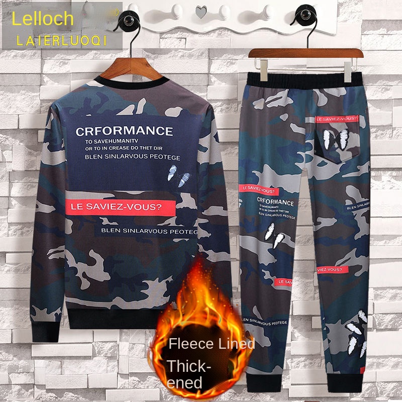 Bộ đồ hai món vải nhung dáng rộng in họa tiết thời trang thu đông cho nam và nữ