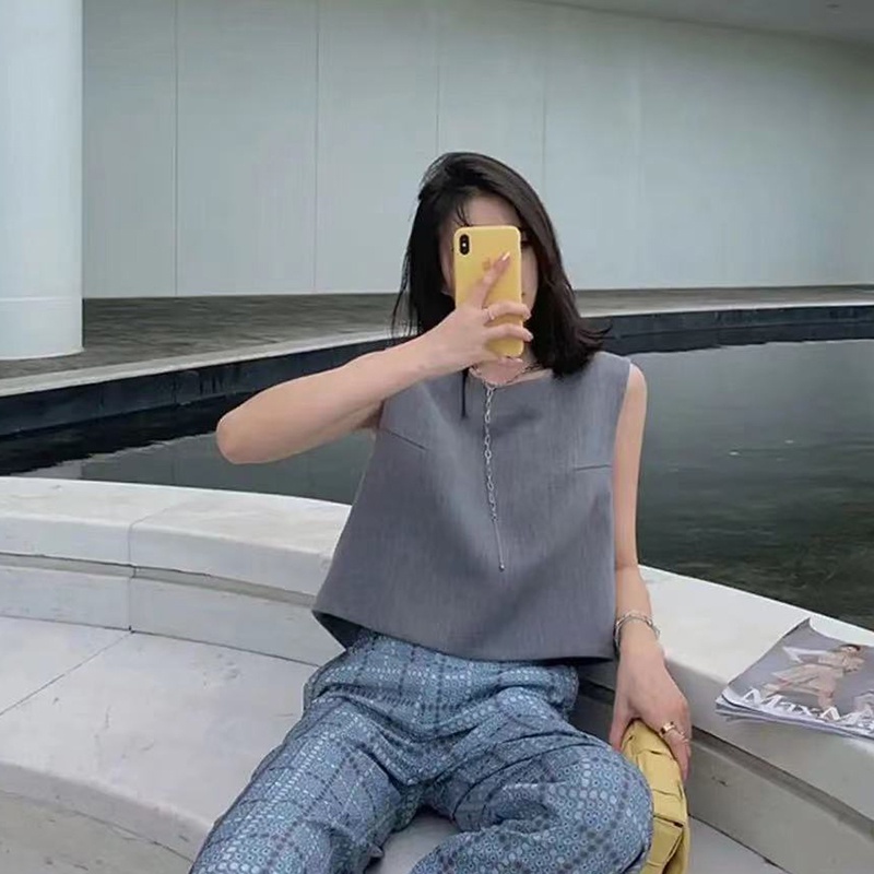 IELGY  Áo tank top Ngắn Mỏng Và Không Đều Phong Cách