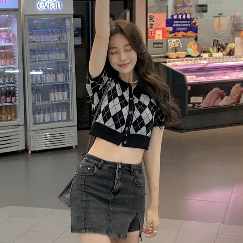 ZHELIHANGFEI Áo khoác Cardigan kẻ sọc caro phong cách Hàn Quốc thời trang cho nữ