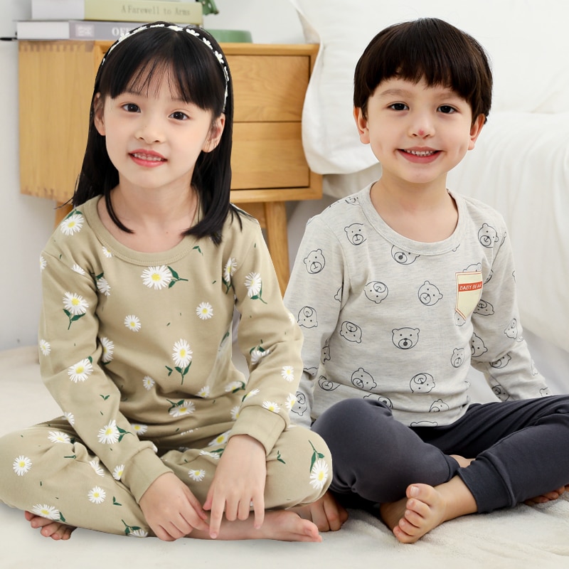 Bộ đồ ngủ pijama cotton in họa tiết hoạt hình đáng yêu thời trang thu đông cho bé