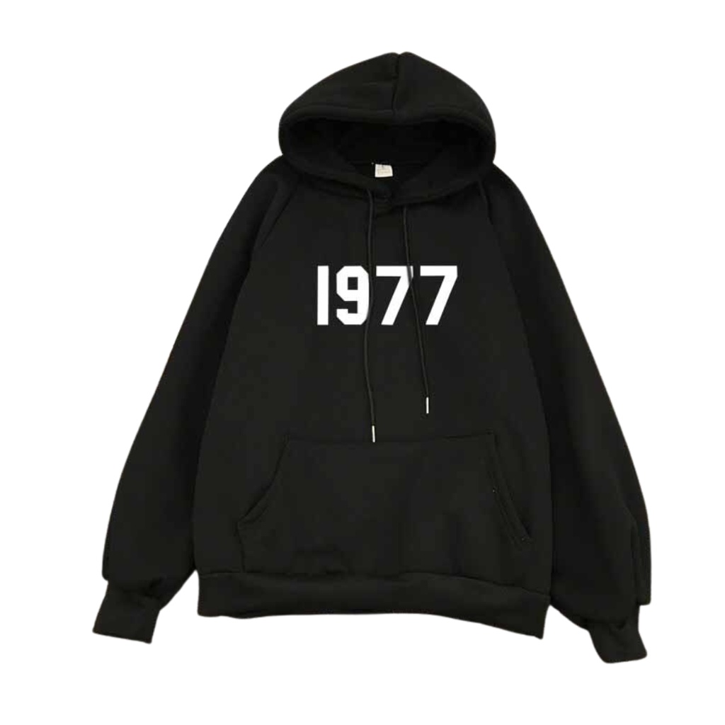 Áo Hoodie chân cua In số 1977 unisex dành cho nam và nữ có mũ form rộng BASIC - Đen Xám Trắng Kem