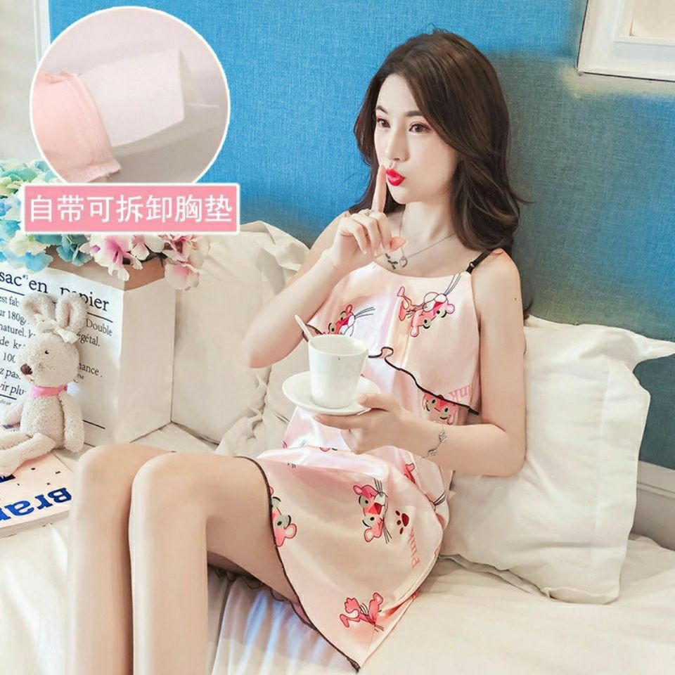 Phiên bản Hàn Quốc Bộ đồ ngủ lụa băng cô gái dễ thương, váy quây mỏng, cà vạt chữ V, đệm ngực, ngủ, dịch vụ tại nh