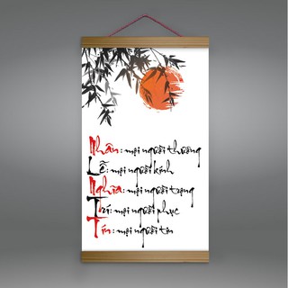 [Siêu rẻ] Tranh canvas thả nẹp gỗ chữ “Nhân – Lễ – Nghĩa- Trí -Tín” R3984 - tặng vòng phong thủy