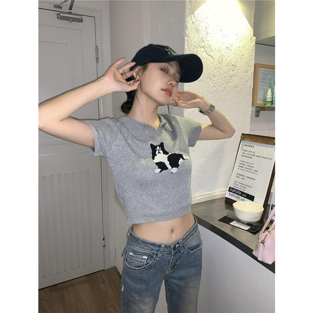 Áo Thun Dệt Kim Ngắn Tay In Hình Mèo Đáng Yêu Dành Cho Nữ 61342