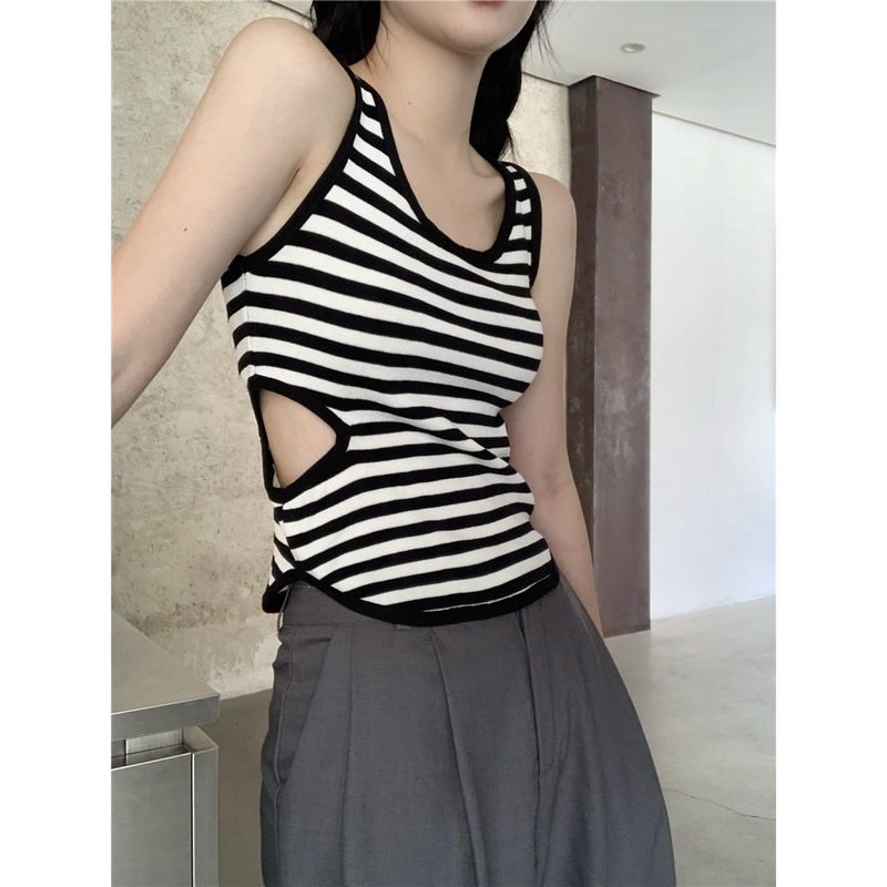 HUANG YOYO Áo Hai Dây Dáng Ngắn In Họa Tiết Kẻ Sọc Phong Cách Pháp Thời Trang Mùa Hè Cho Nữ 2022A