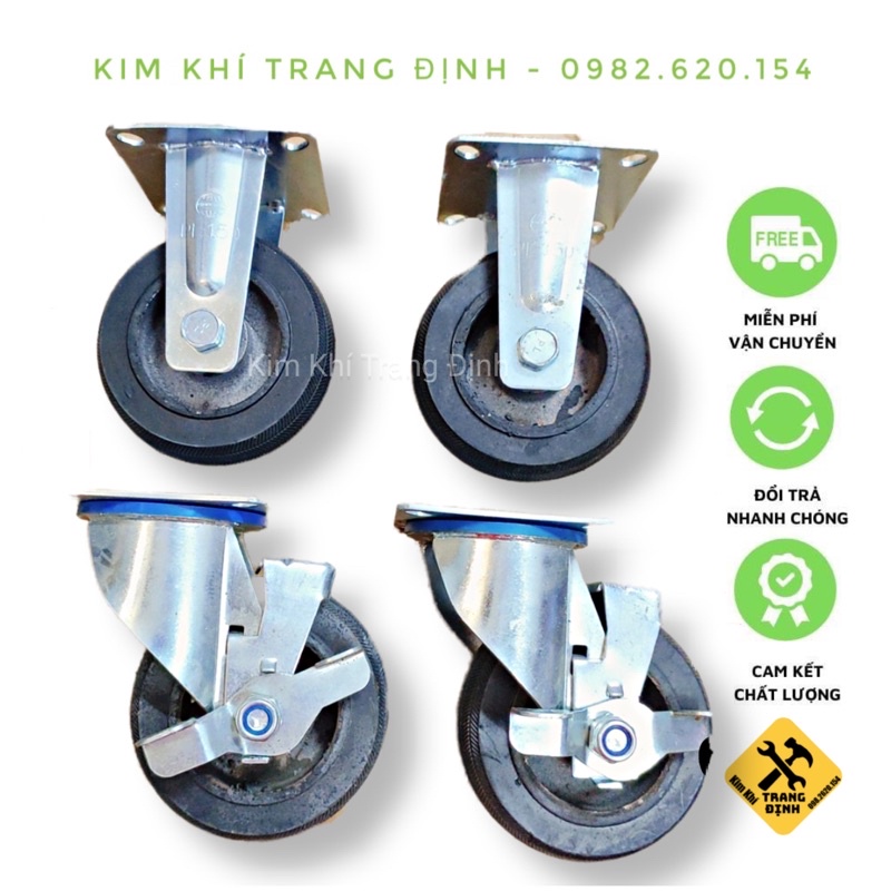 Bộ 4 bánh xe đẩy Cao su 100x38mm xoay 360 độ chịu lực 200kg, có khóa chống trơn trượt