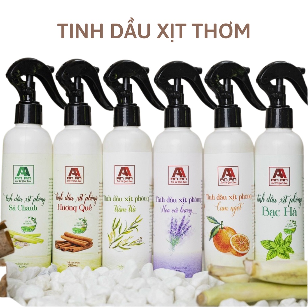Bình xịt phòng tinh dầu sả chanh, bạc hà, quế, cam, tràm trà, oải hương giúp thơm phòng, định tâm, khử mùi 250ml An An